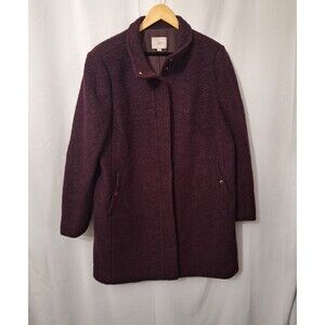 LOFT Boucle Funnel Neck Wool Blend Coat Womnes XL Burgundy Purple Snap Button